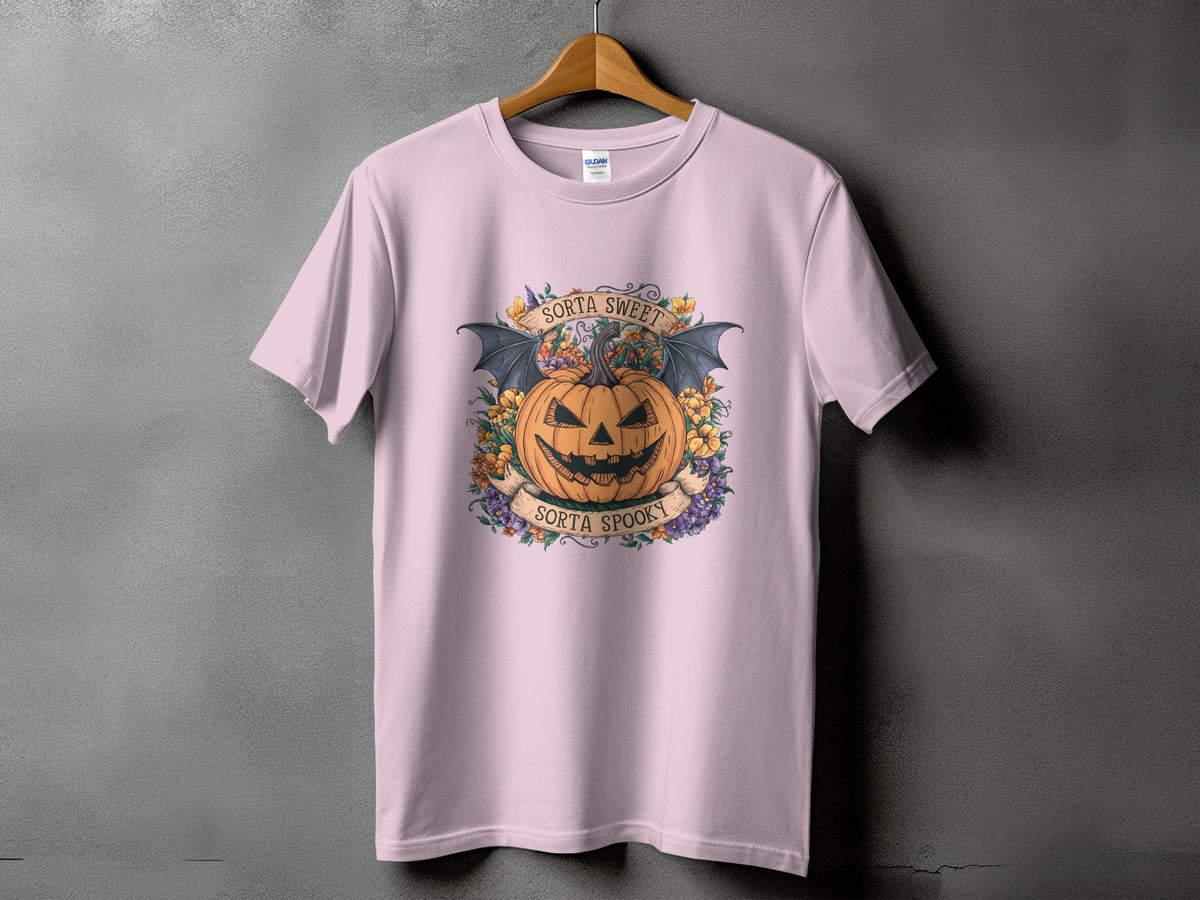 Pink t-shirt with a jack-o'-lantern and bats design that reads "Sorta Sweet" and "Sorta Spooky."