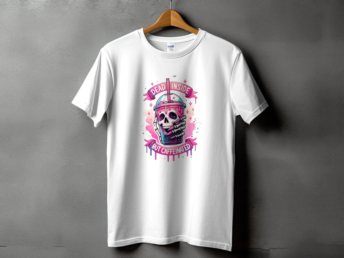 White t-shirt with skull holding a drink, "Dead Inside But Caffeinated" text.