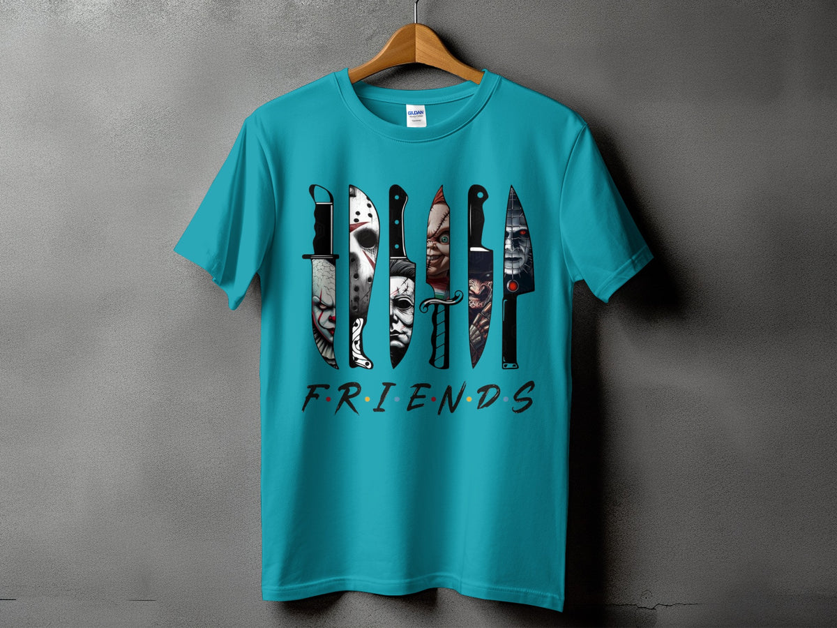 Turquoise t-shirt featuring horror movie villains on knives with "FRIENDS" logo.