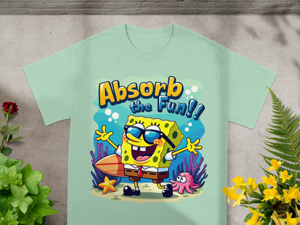 SpongeBob SquarePants on t-shirt with "Absorb the Fun!!" text, surfboard and octopus.