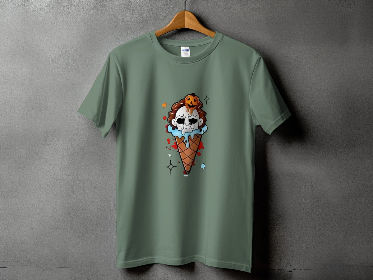 Green t-shirt with a creepy ice cream cone graphic featuring a skull and pumpkin.