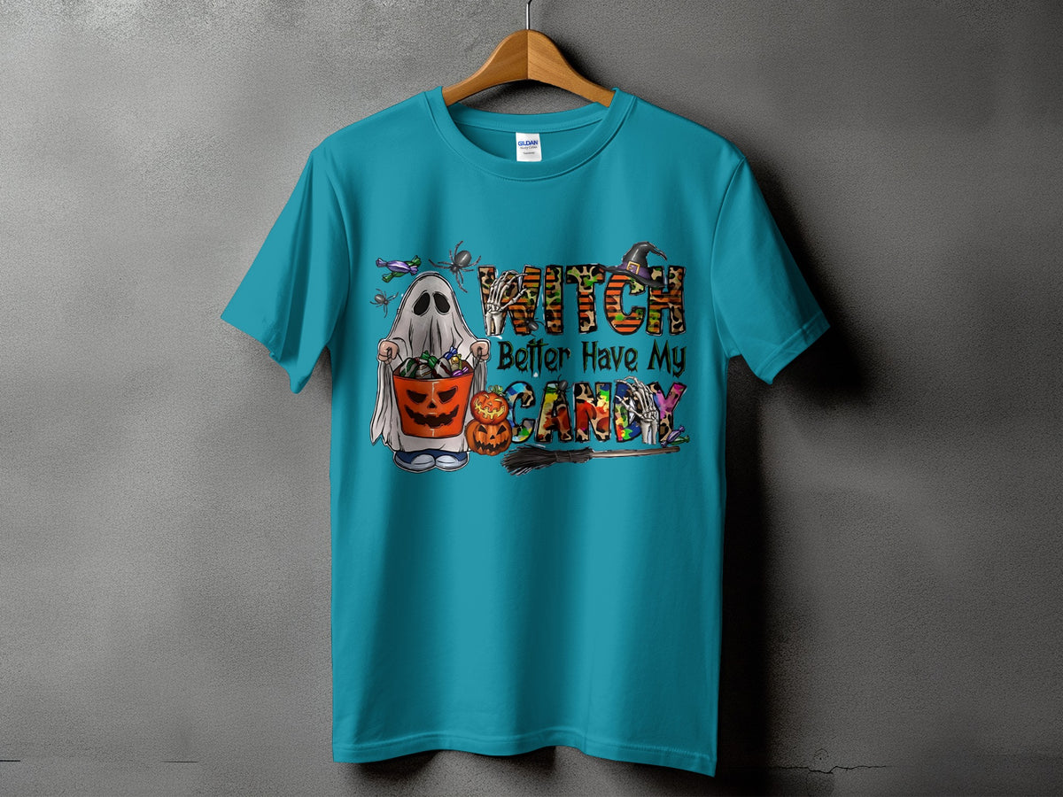 Teal t-shirt with "Witch Better Have My Candy" Halloween graphic and ghost.