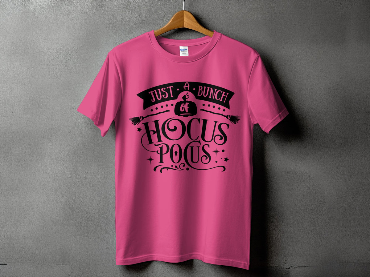 Pink t-shirt with black text "Just a Bunch of Hocus Pocus".