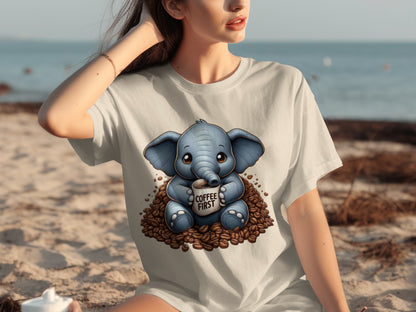 Cute Baby Elephant Coffee First T-Shirt