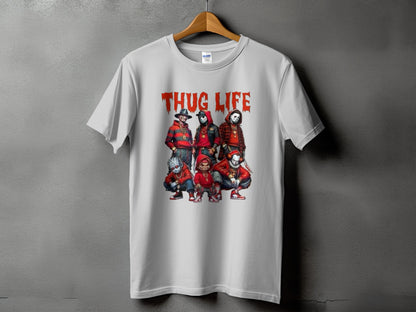 White t-shirt with "THUG LIFE" text and horror characters illustration.