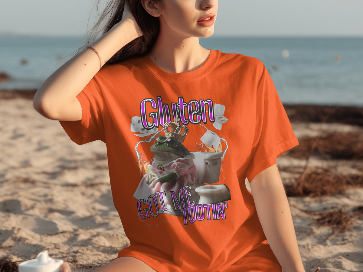 Gluten Got Me Tootin Funny Graphic Shirt for Beach Days