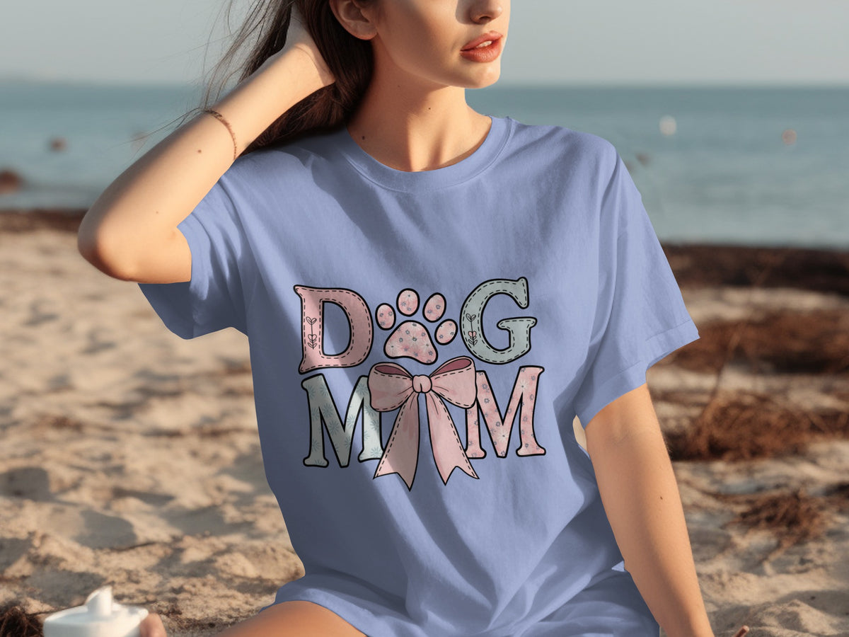 Cute Dog Mom Shirt with Bow and Paw Print Design