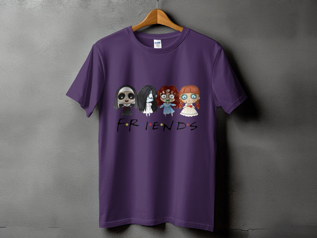 Purple t-shirt with chibi horror characters and "FRIENDS" text.