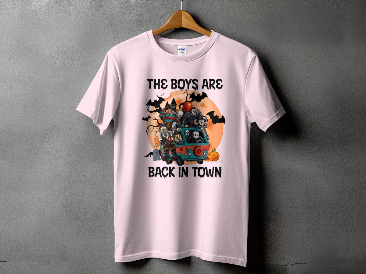 Pink t-shirt with cartoon horror characters in a van, reading "The Boys Are Back In Town".