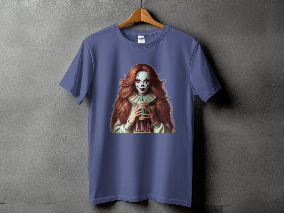 T-shirt with a clown character holding a Starbucks cup, text "MAMA" on shirt