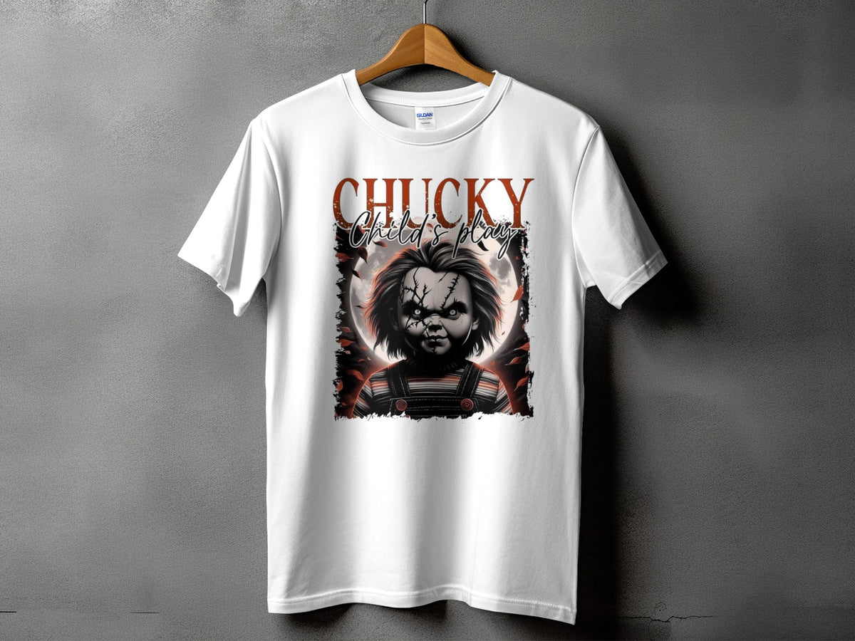 White t-shirt featuring Chucky from Child's Play with a moon and bats.