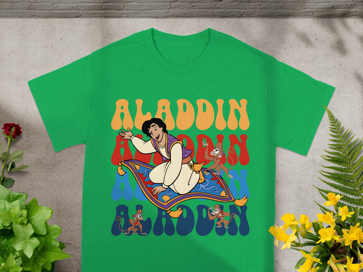 Aladdin rides a magic carpet with Abu and monkeys, surrounded by colorful text.