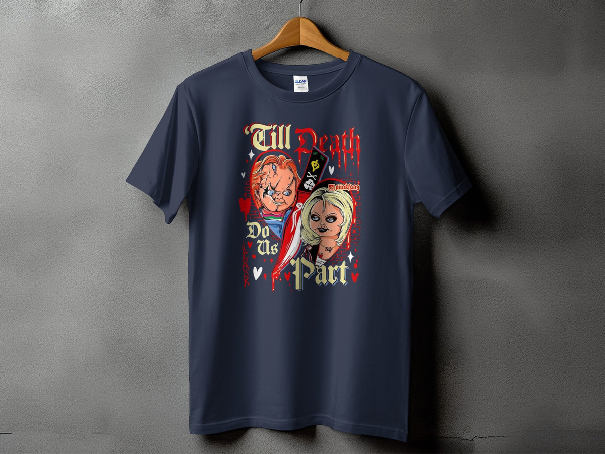 Navy t-shirt with Chucky and Tiffany dolls and "Till Death Do Us Part" text.