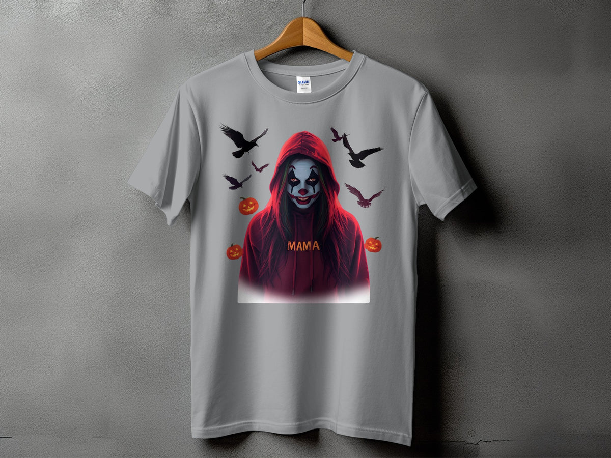 Grey t-shirt with spooky clown design, birds, and pumpkins. "Mama" text.