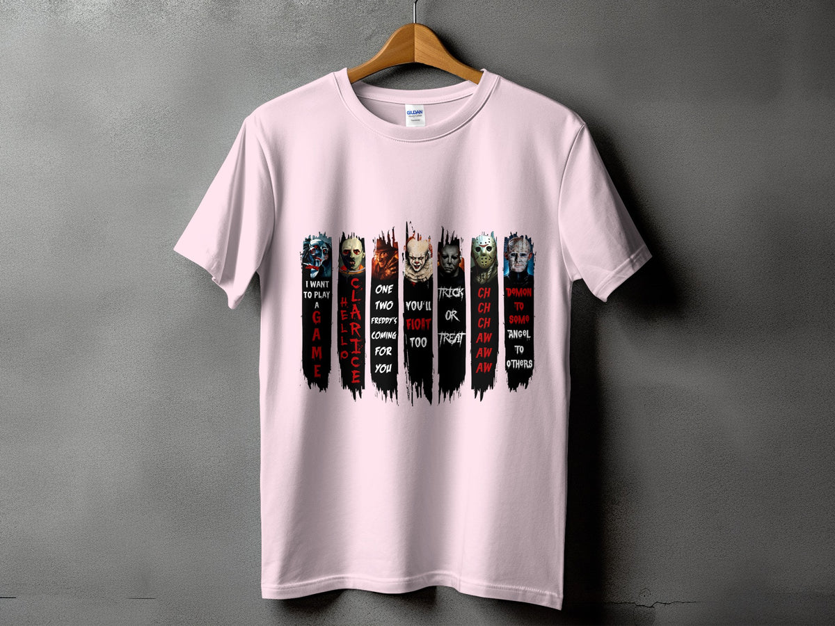 Pink t-shirt with horror movie characters and text: "I want to play a game."