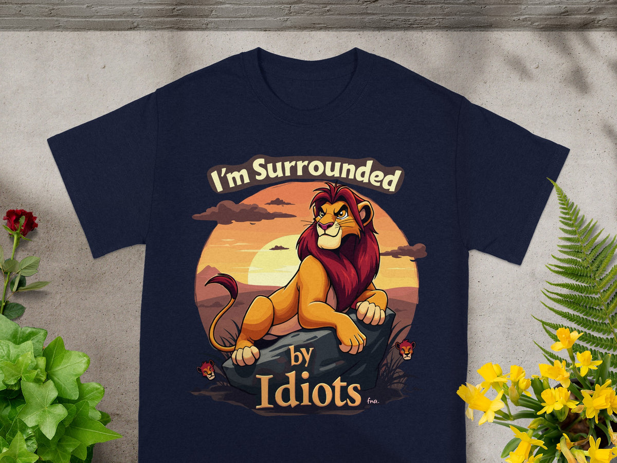 Navy t-shirt with lion and "I'm Surrounded by Idiots" text.