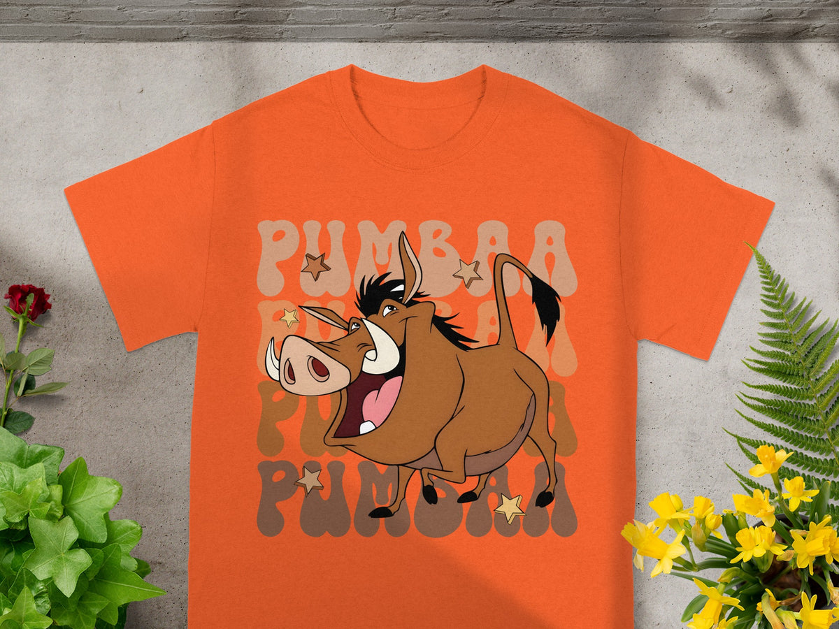 Orange t-shirt with a cartoon meerkat character and "PUMBAA" text.
