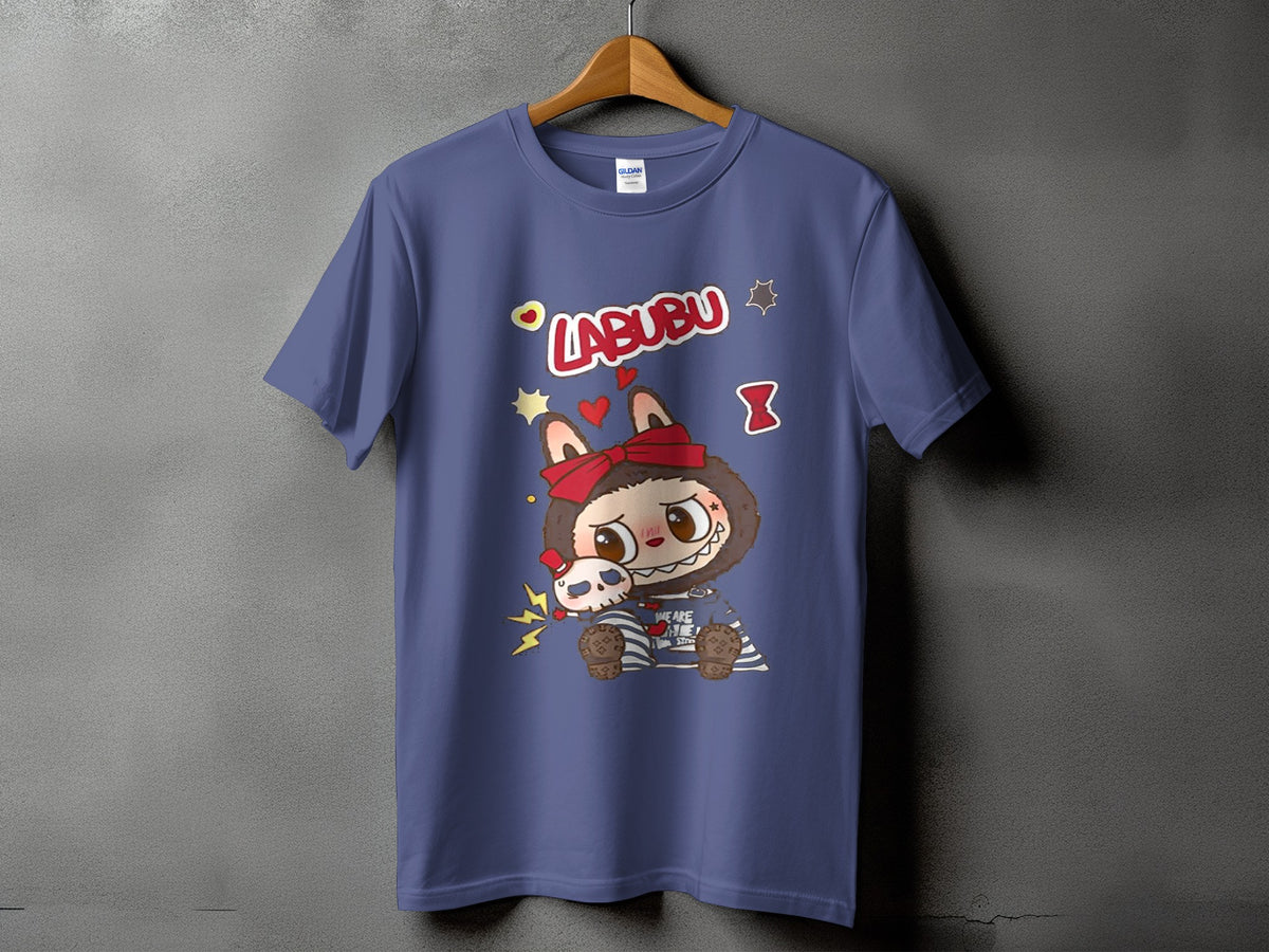 Purple t-shirt with "LABUBU" text and cartoon character holding a skull.