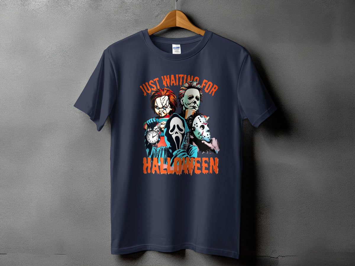 T-shirt with horror characters and "Just Waiting For Halloween" text.