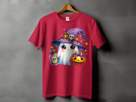 Halloween t-shirt with a cartoon ghost, pumpkin, potion bottle, and witch hat.