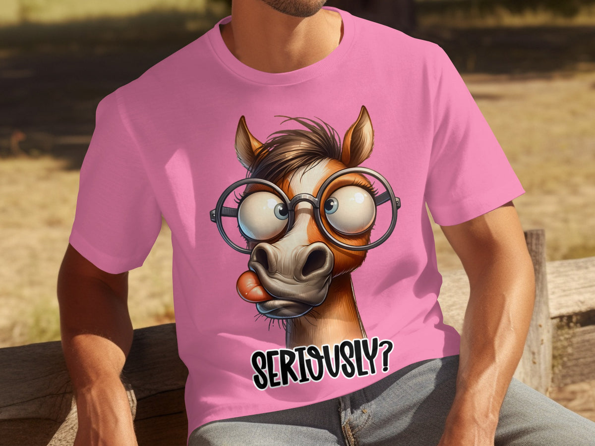 Funny Cartoon Horse with Glasses 'Seriously?' T-shirt