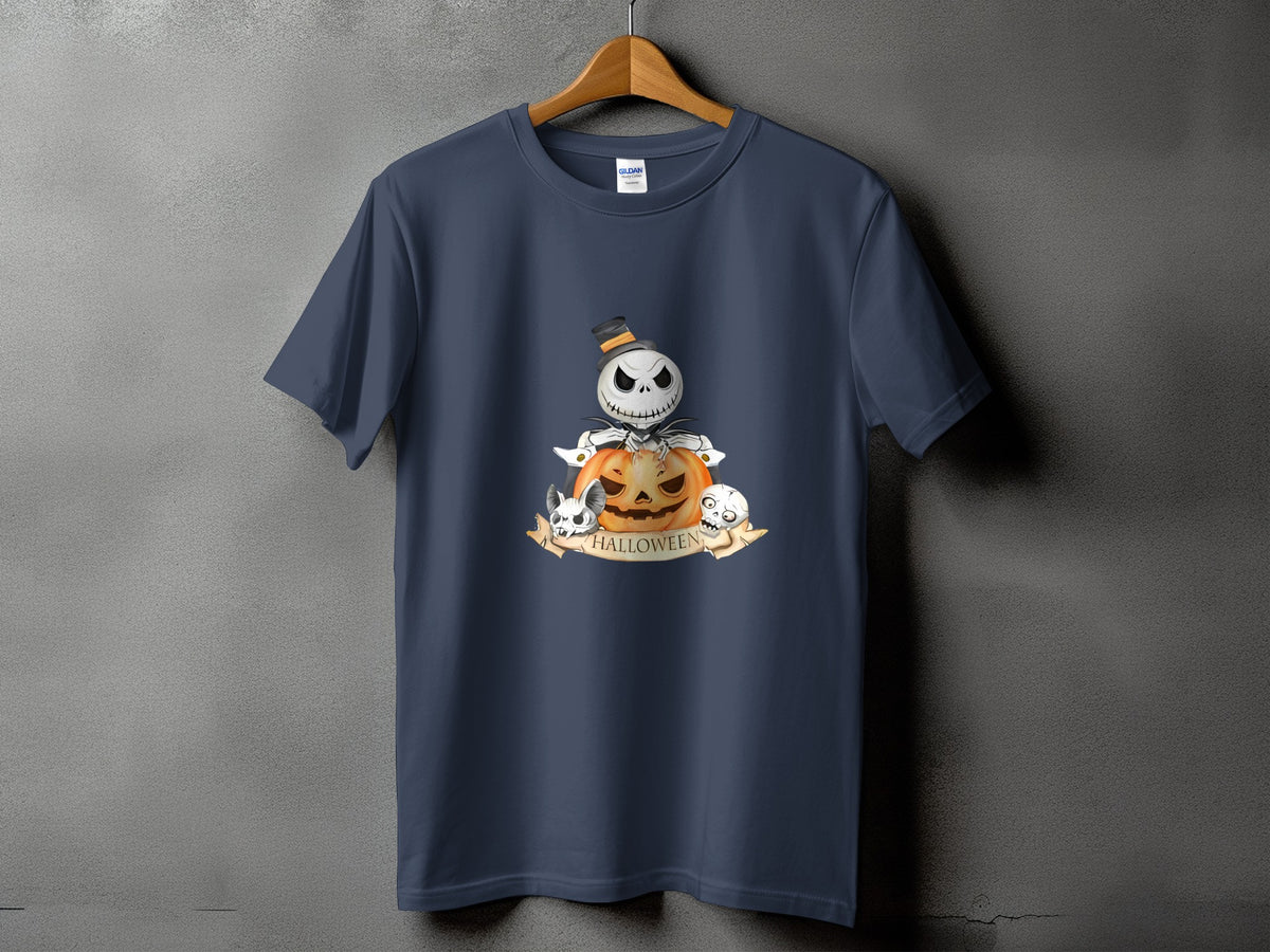 Dark blue t-shirt featuring a Halloween graphic with a pumpkin, skeleton, and skulls.