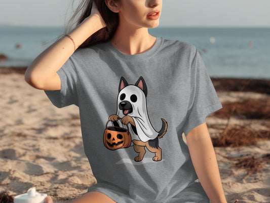 Halloween Dog with Pumpkin Bucket Cute T-Shirt