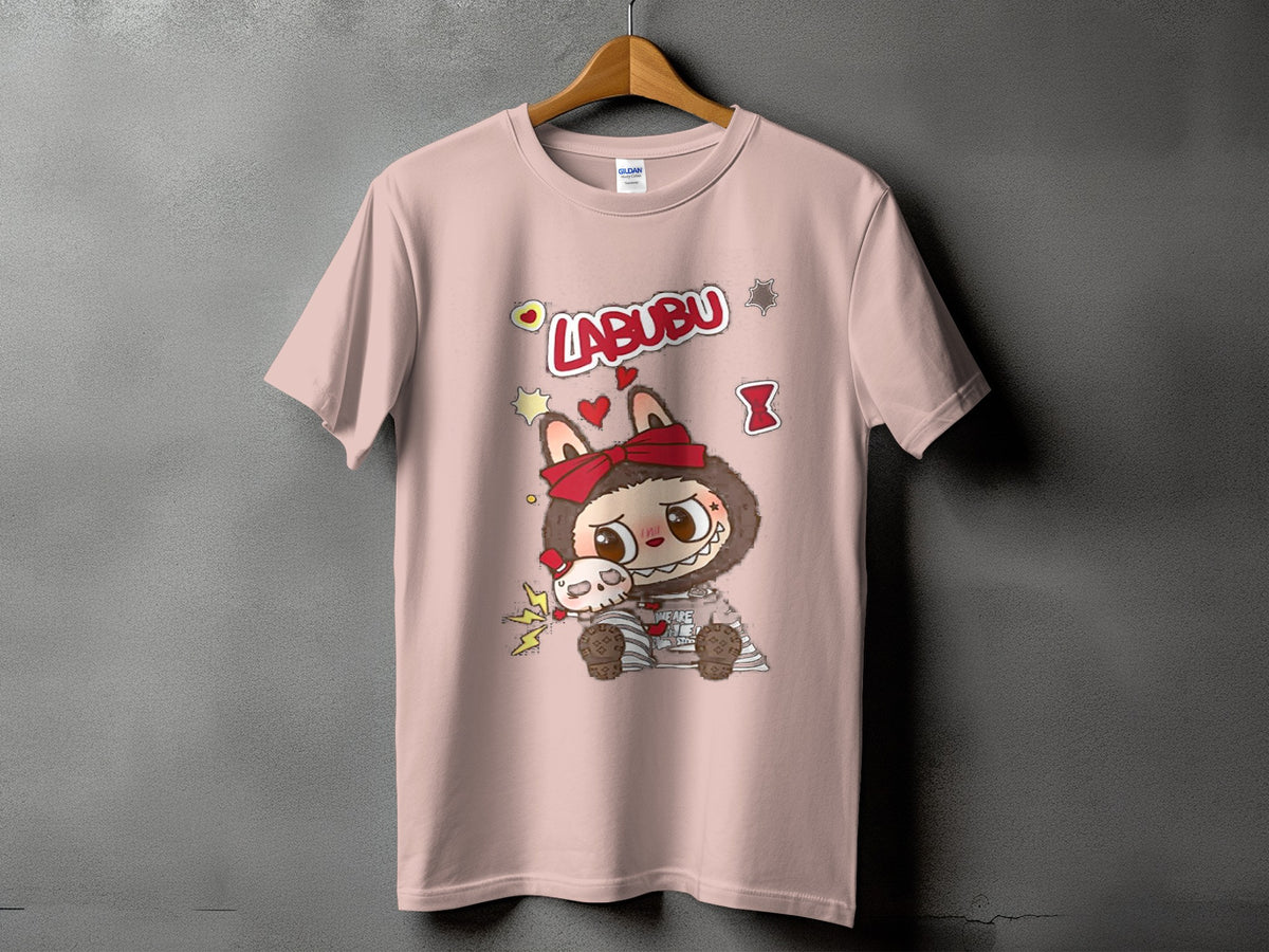Pink t-shirt with Labubu character illustration and the text "LABUBU".