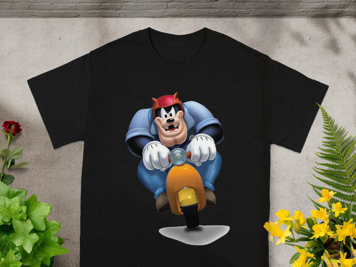 Black t-shirt with cartoon Goofy riding a scooter.