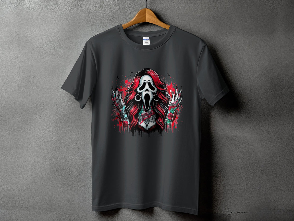 T-shirt with a Ghostface mask design featuring tattoos and roses.