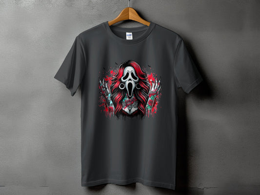 T-shirt with a Ghostface mask design featuring tattoos and roses.