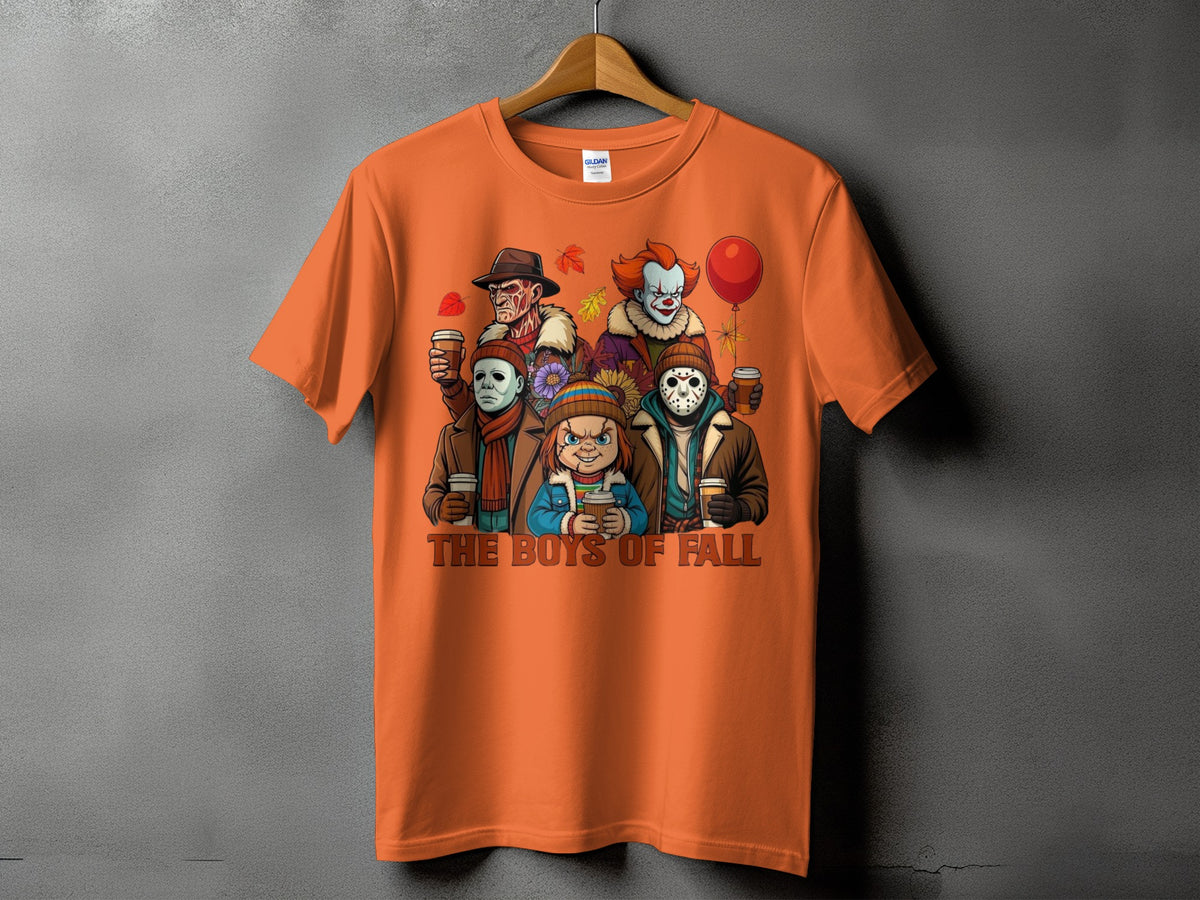 Orange t-shirt with horror characters and "The Boys of Fall" text.