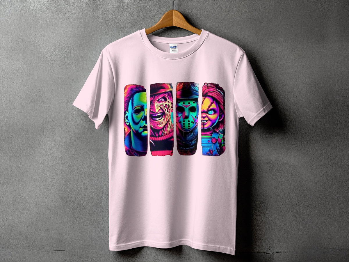 Pink t-shirt with a colorful graphic of Michael Myers, Freddy Krueger, Jason Voorhees, and Chucky.