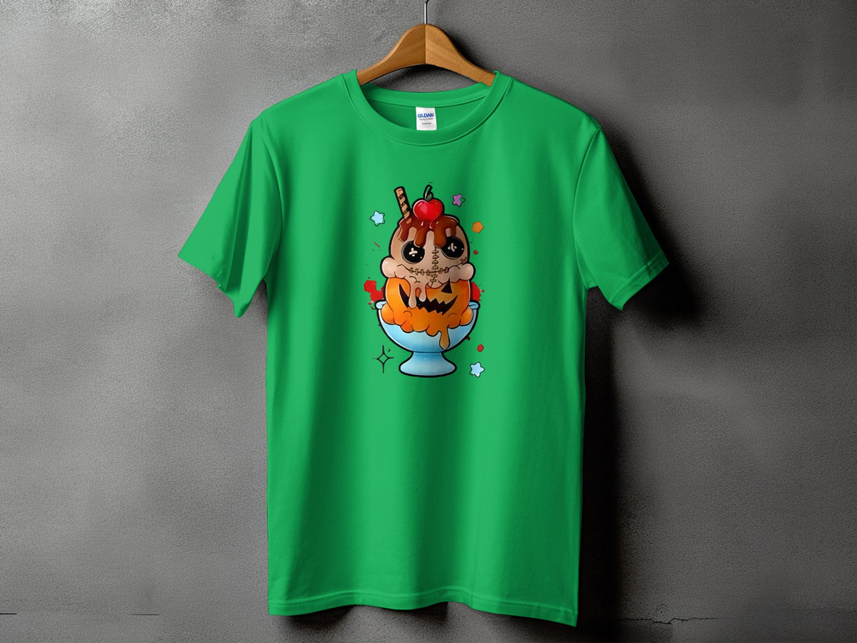 Green t-shirt with a spooky ice cream sundae graphic.