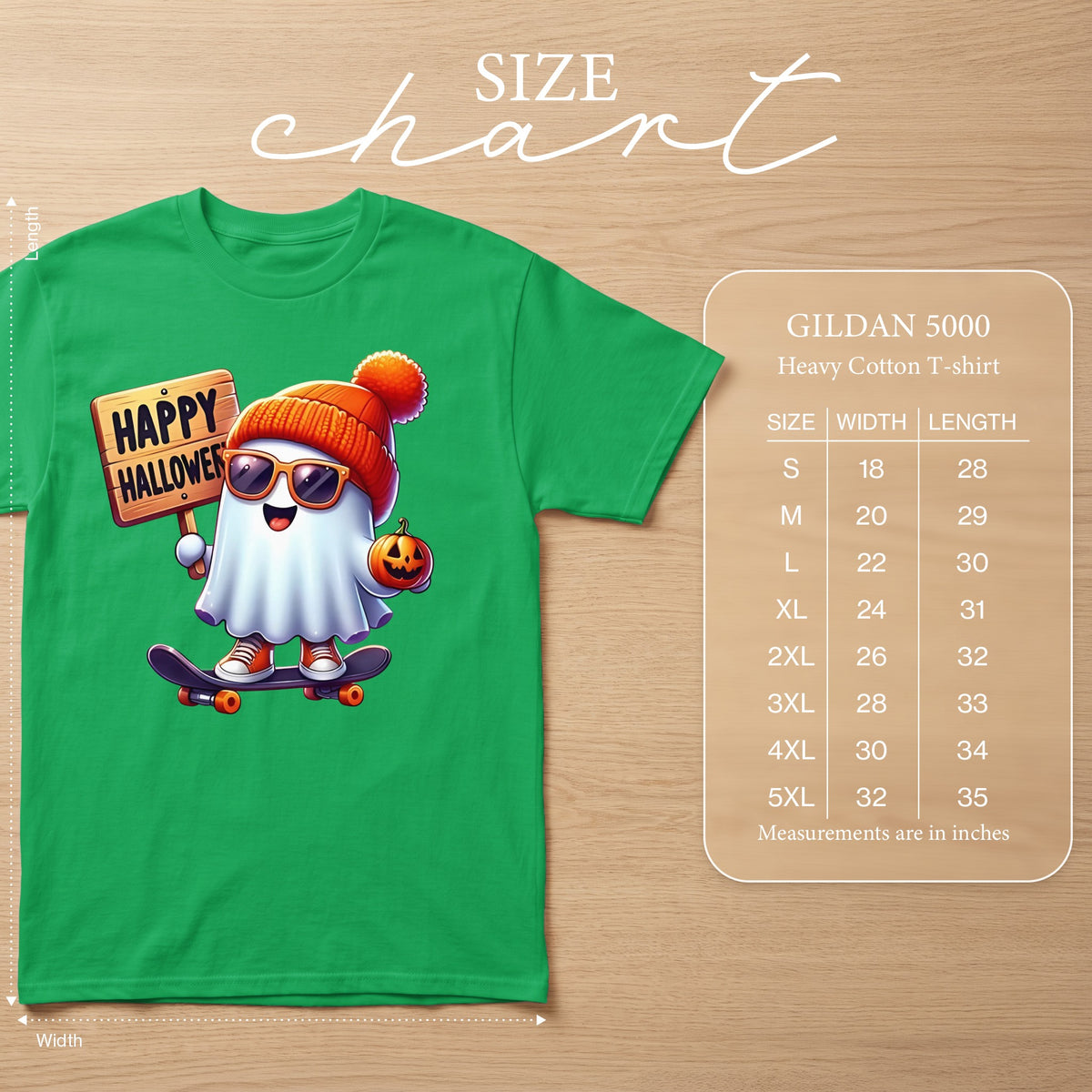 Green Gildan 5000 t-shirt with a happy Halloween ghost on a skateboard graphic.