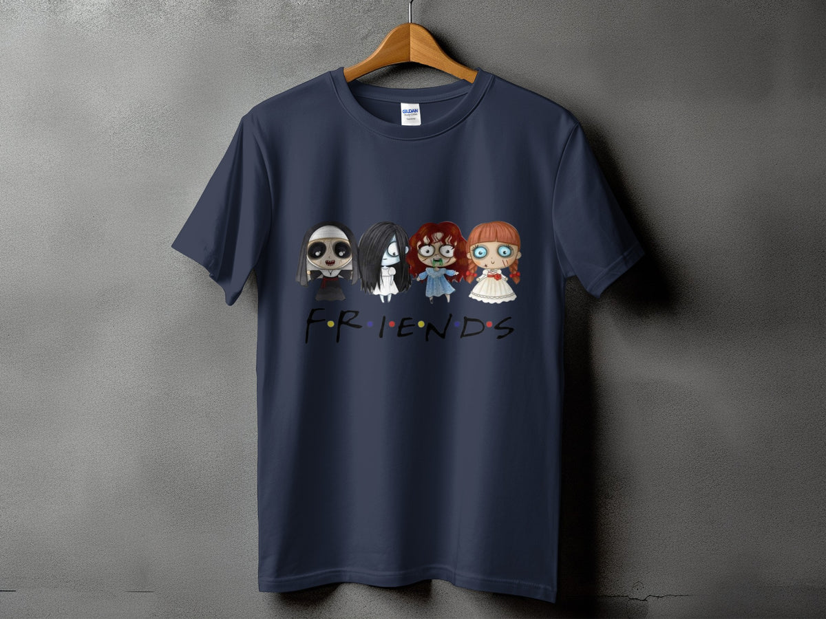 Navy t-shirt with four horror characters and "FRIENDS" text logo.