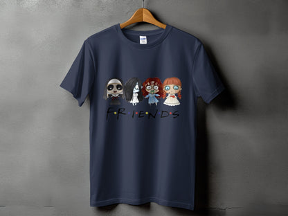 Navy t-shirt with four horror characters and "FRIENDS" text logo.