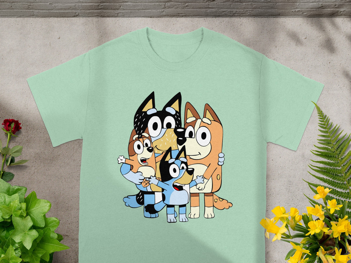 Bluey and family cartoon characters on a mint green t-shirt.