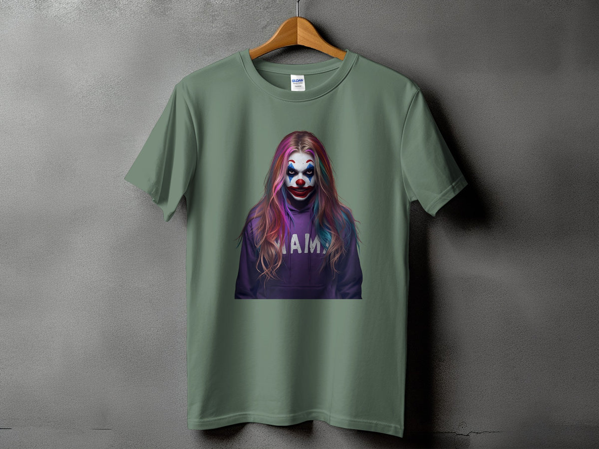 T-shirt with a clown graphic featuring "Mama" on a purple hoodie.