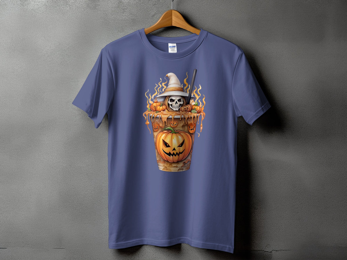 Purple t-shirt with a Halloween coffee cup graphic featuring a skull and pumpkins.