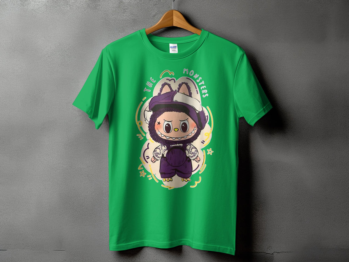 Green t-shirt with "The Monsters" text and a cartoon character graphic.