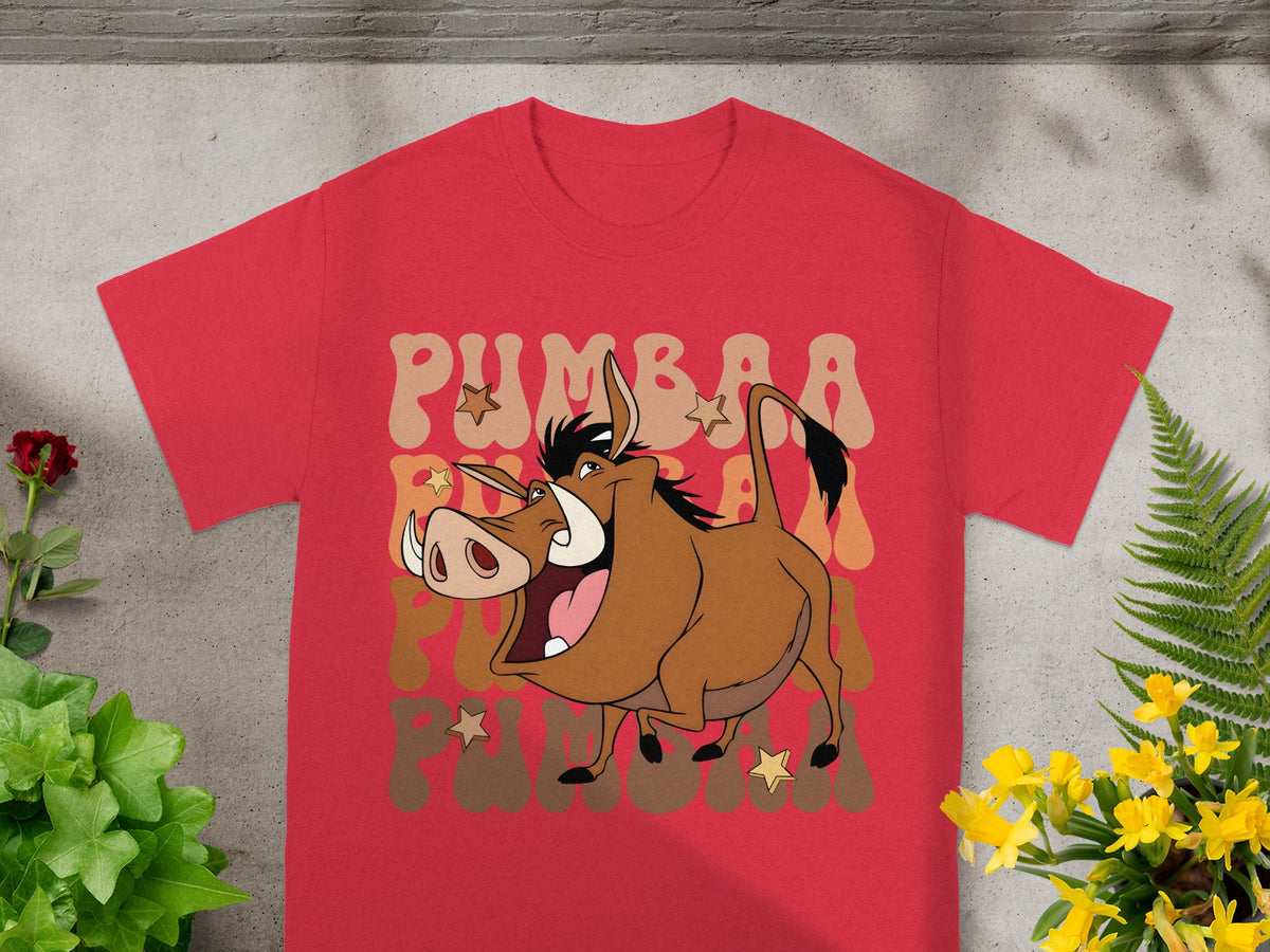 Red t-shirt with Pumbaa from The Lion King graphic and text.