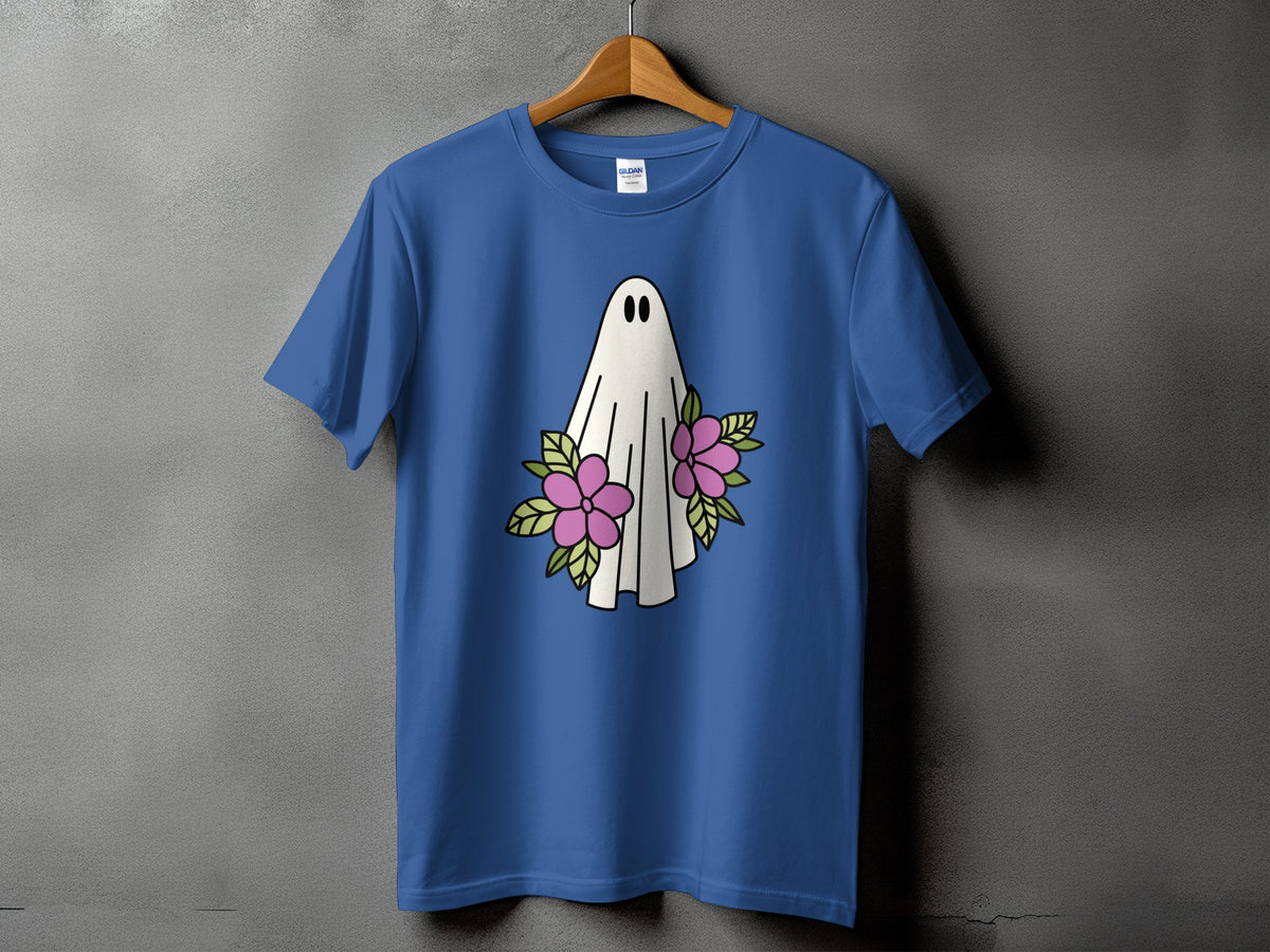Blue t-shirt with a white ghost and pink flowers graphic on the front.