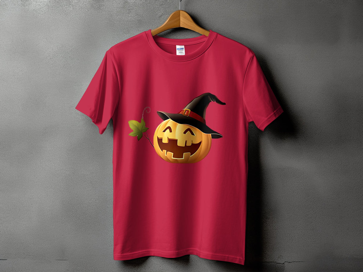 Red t-shirt with a smiling jack-o'-lantern wearing a witch hat and a green leaf.
