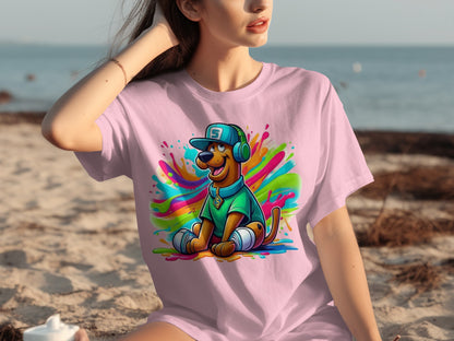 Colorful Cartoon Dog Wearing Headphones T-shirt