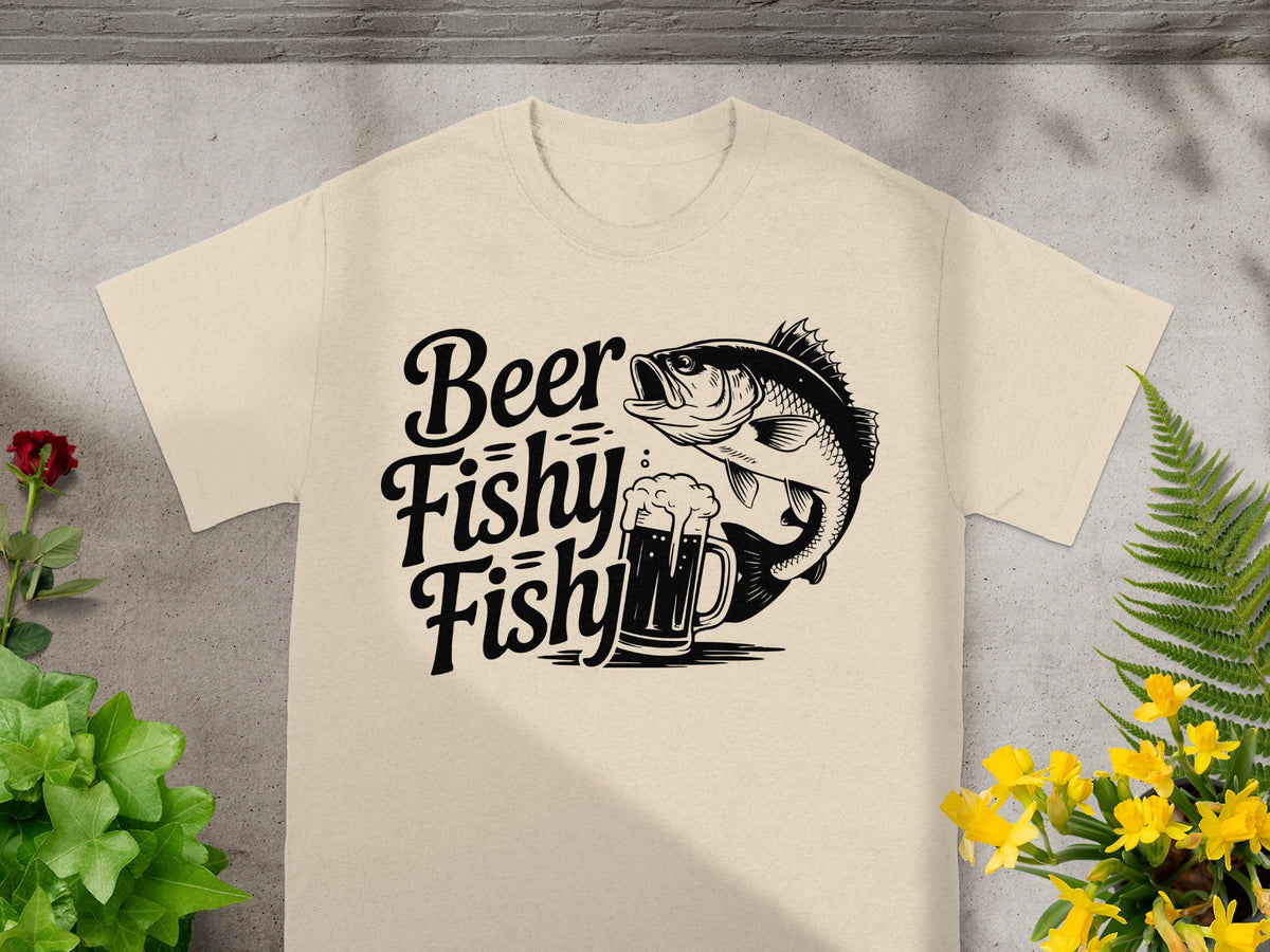 Beer Fishy Fishy t-shirt with bass fish and beer mug graphic.