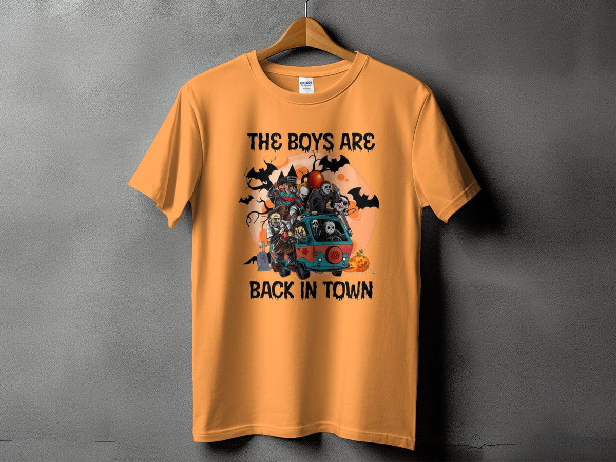 Orange t-shirt with horror characters in a van and the text "The Boys Are Back In Town".