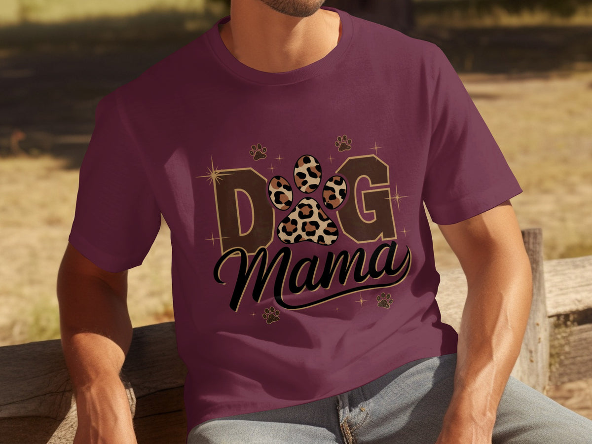 Dog Mama Shirt with Leopard Print Paw and Glitter Text