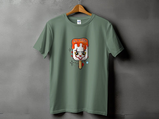 Green t-shirt with a creepy clown popsicle graphic and Gildan tag.