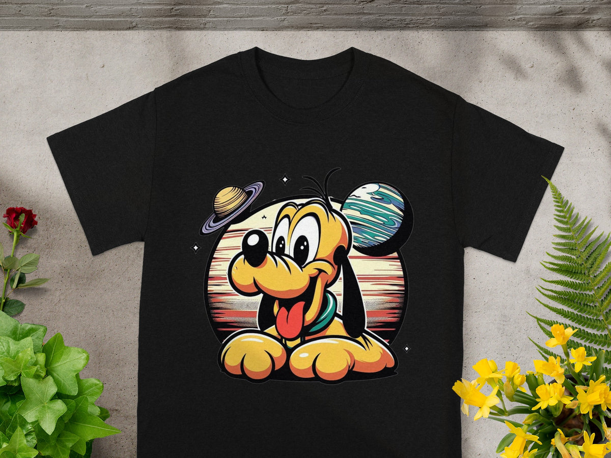 Black t-shirt with cartoon Pluto wearing a collar, set against a space background.